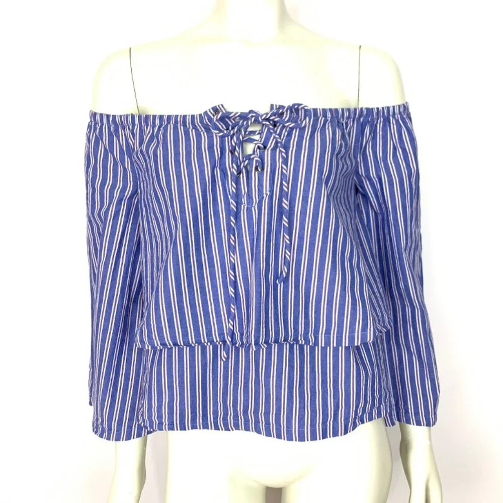 J.O.A. Lace Up Off The Shoulder Stripe Blue Top‎